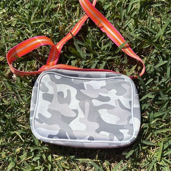 Gray Camouflage Crossbody Bag with Pink and Red Stripes - Picture 2 of 3